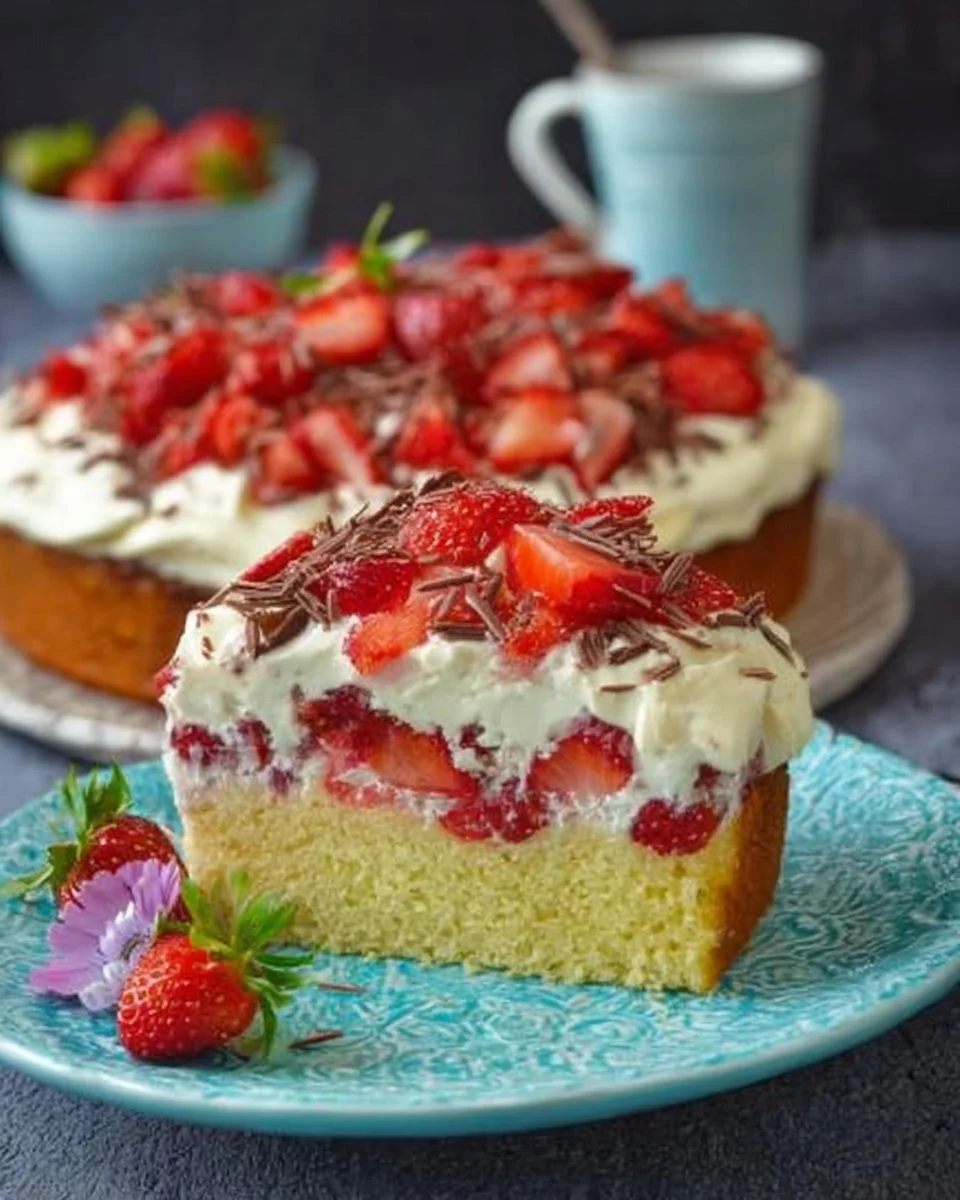 Fantakuchen Rezept vom Blech mit Schmand und Erdbeeren