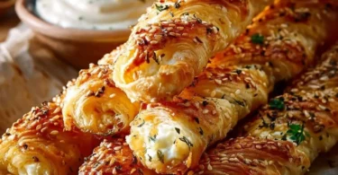 Leckere Feta-Blätterteig-Sticks auf einem Teller angerichtet