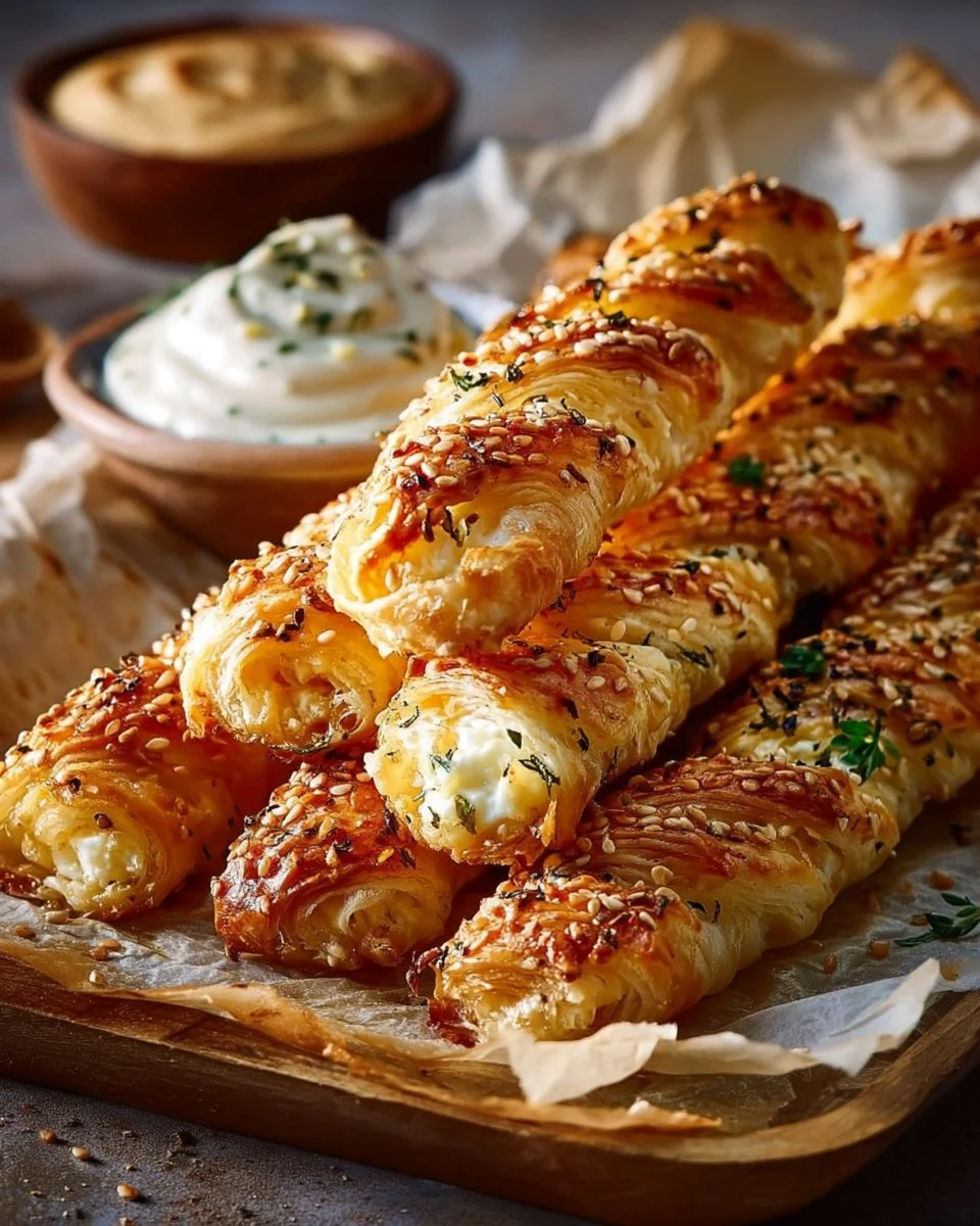 Leckere Feta-Blätterteig-Sticks auf einem Teller angerichtet