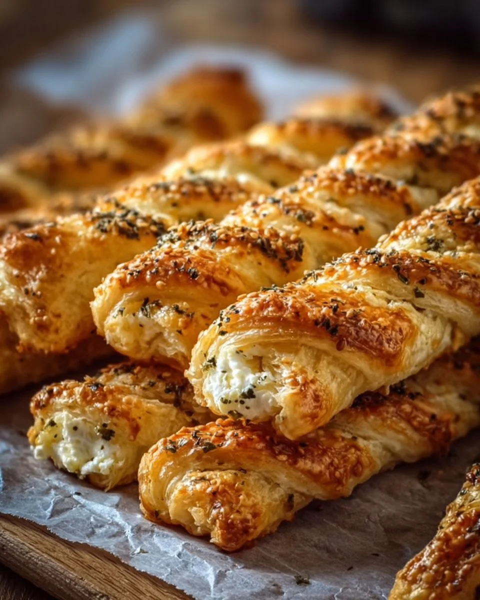 Feta Blätterteig Sticks frisch aus dem Ofen, perfekt als Snack oder Vorspeise.