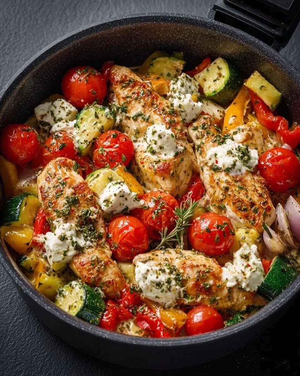 Feta-Hähnchen Pfanne zubereitet im Airfryer, gesund und lecker
