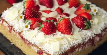 Frau Holle Kuchen auf einem gedeckten Tisch mit Puderzucker und Früchten