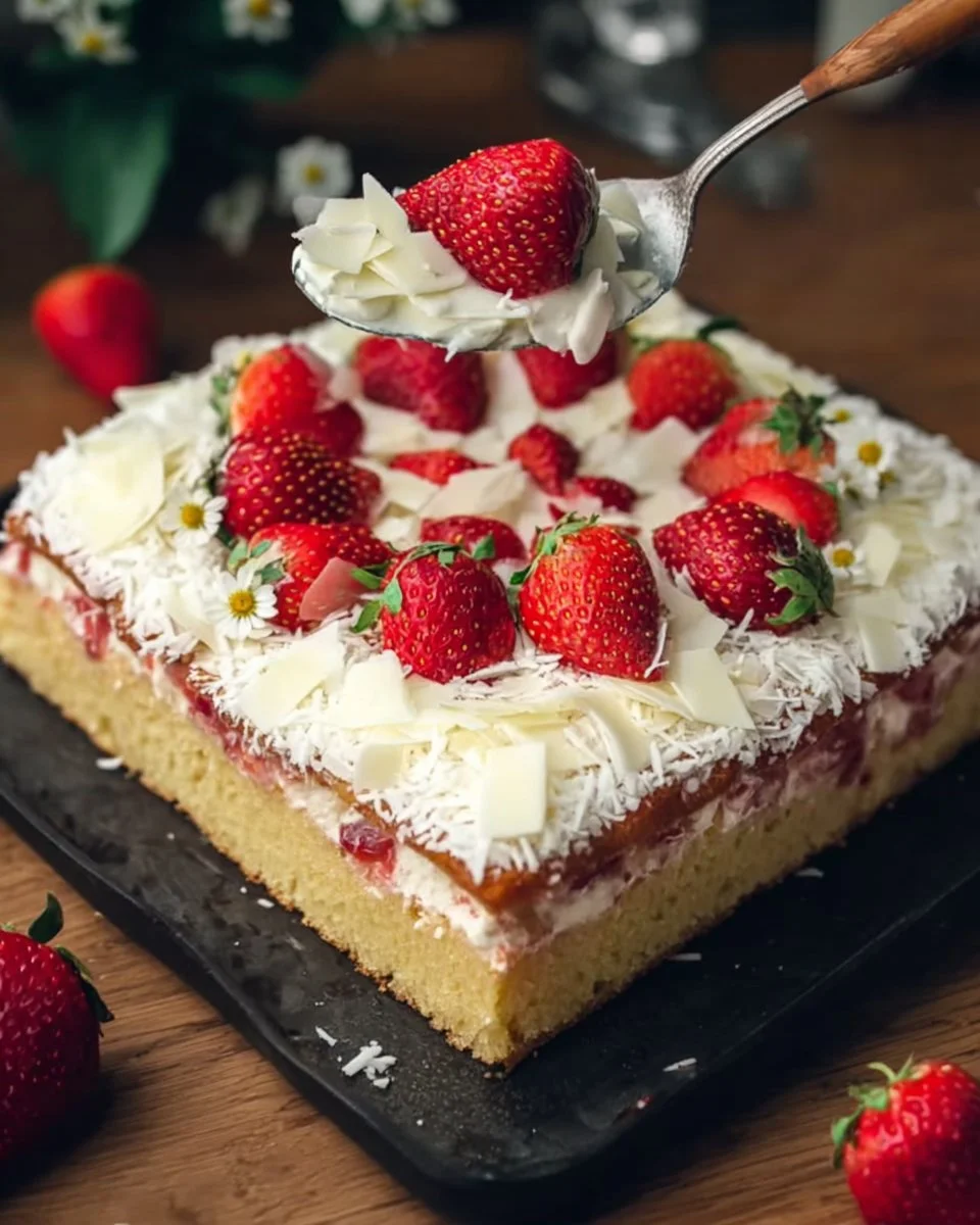 Frau Holle Kuchen auf einem gedeckten Tisch mit Puderzucker und Früchten