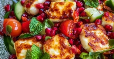 Frischer Halloumi-Granatapfel-Salat mit knackigem Gemüse