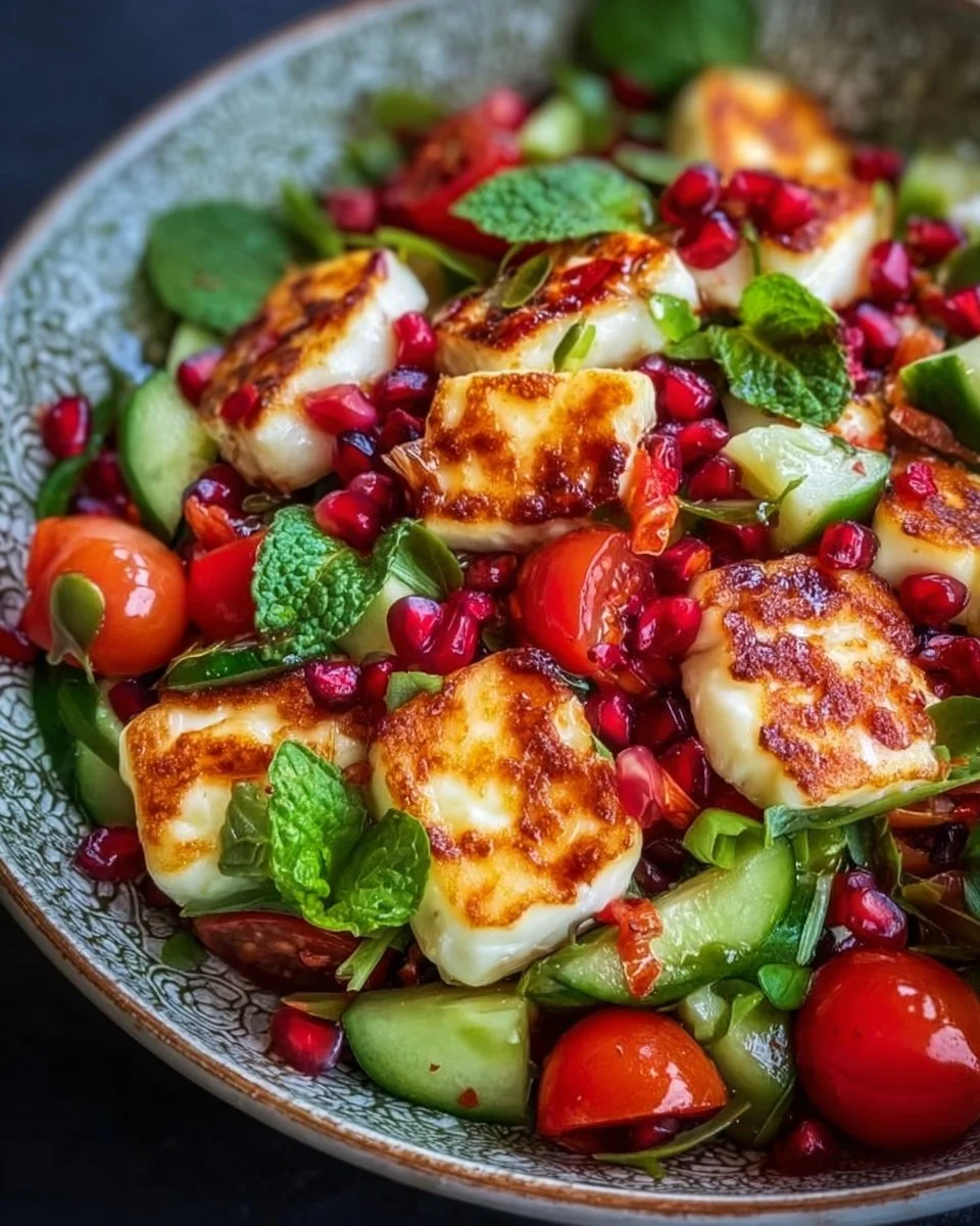 Frischer Halloumi-Granatapfel-Salat mit knackigem Gemüse
