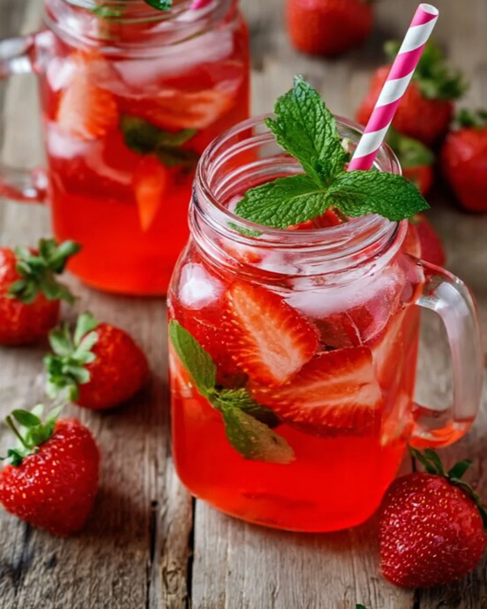 Fruchtige Erdbeerbowle in einem Gläser auf einem Tisch im Sommer