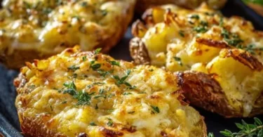 Gebackene Käse-Kartoffeln aus der Heißluftfritteuse auf einem Teller serviert