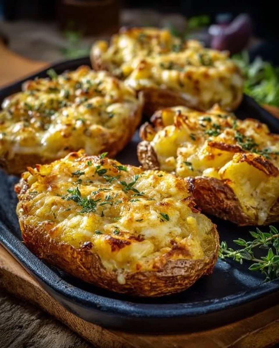 Gebackene Käse-Kartoffeln aus der Heißluftfritteuse auf einem Teller serviert