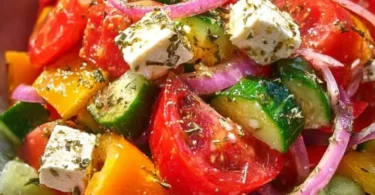 Schüssel mit griechischem Bauernsalat, frische Zutaten in leuchtenden Farben