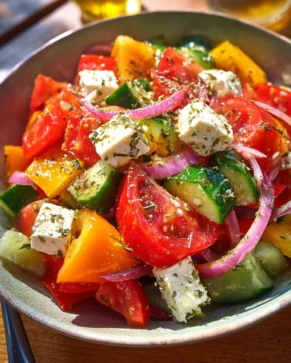 Schüssel mit griechischem Bauernsalat, frische Zutaten in leuchtenden Farben