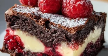 Himbeer-Brownie-Käsekuchen mit saftigen Brownies und cremiger Käsefüllung