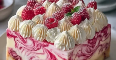 Leckere Himbeer-Wirbel-Käsekuchen mit frischen Himbeeren und cremiger Käsefüllung