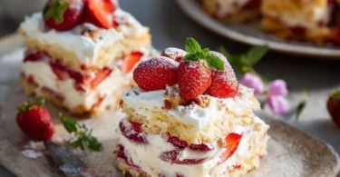 Himmelstorte vom Blech mit frischen Erdbeeren auf einem Teller