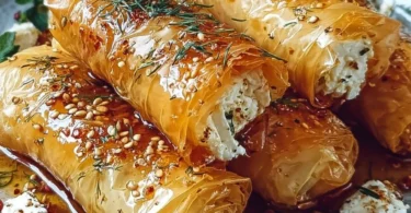 Im Ofen gebackene Feta-Röllchen mit Chili-Honig auf einem Teller serviert.