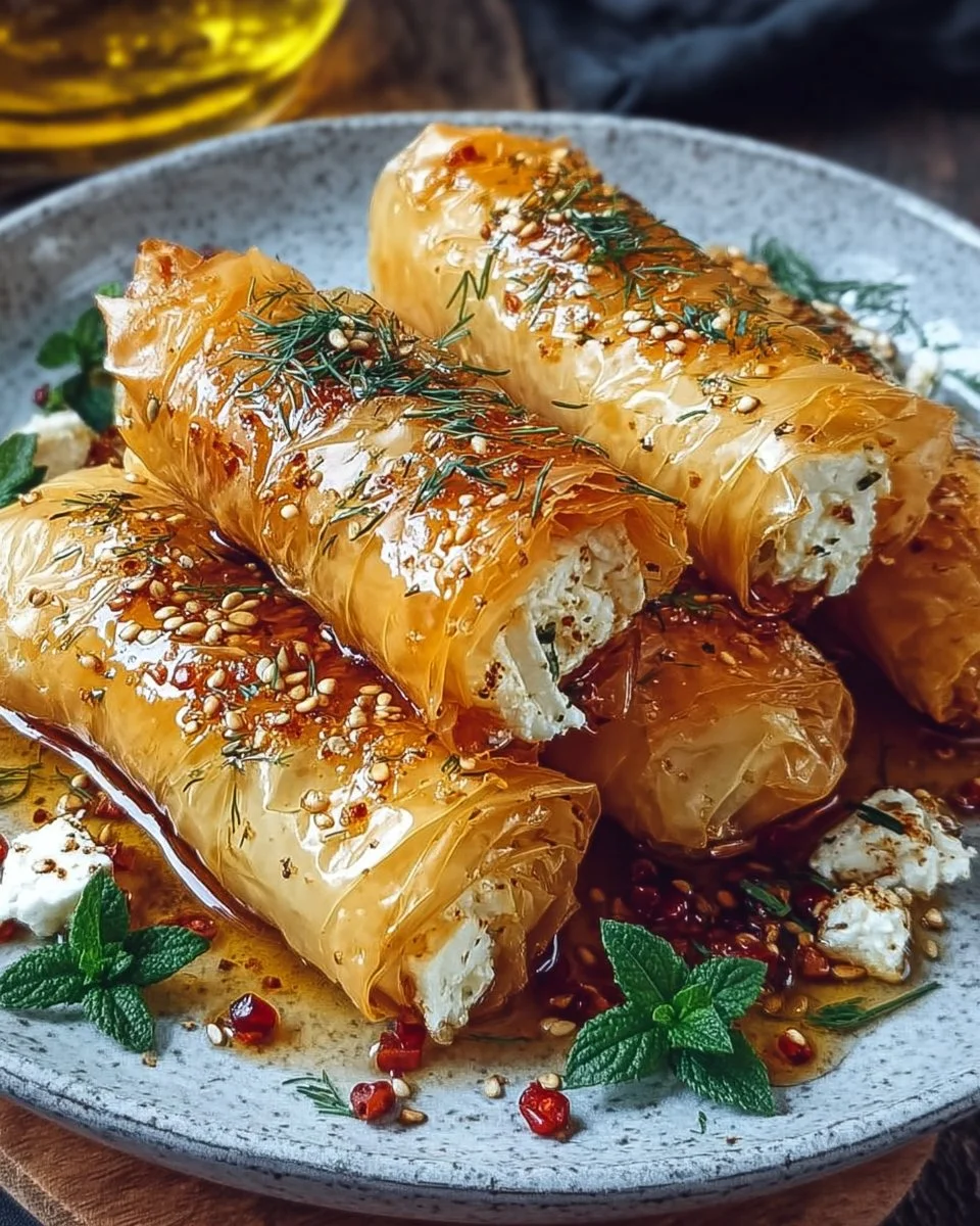 Im Ofen gebackene Feta-Röllchen mit Chili-Honig auf einem Teller serviert.