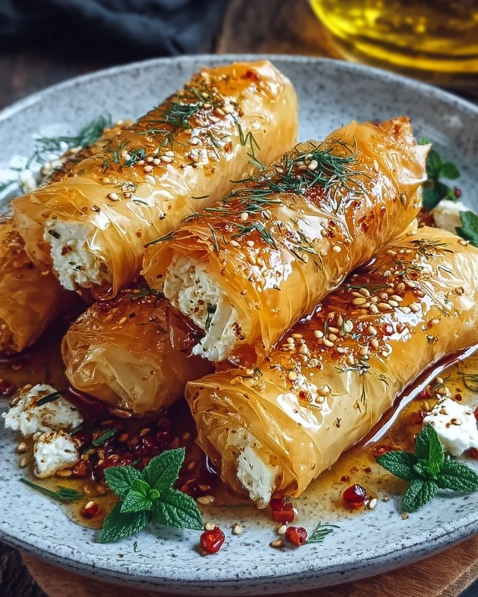 Im Ofen gebackene Feta-Röllchen mit Chili-Honig
