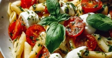 Italienischer Nudelsalat mit Mozzarella und Tomaten in einer Schüssel