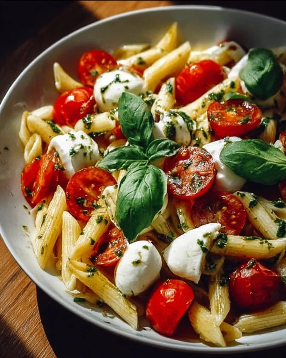 Italienischer Nudelsalat mit Mozzarella und Tomaten in einer Schüssel