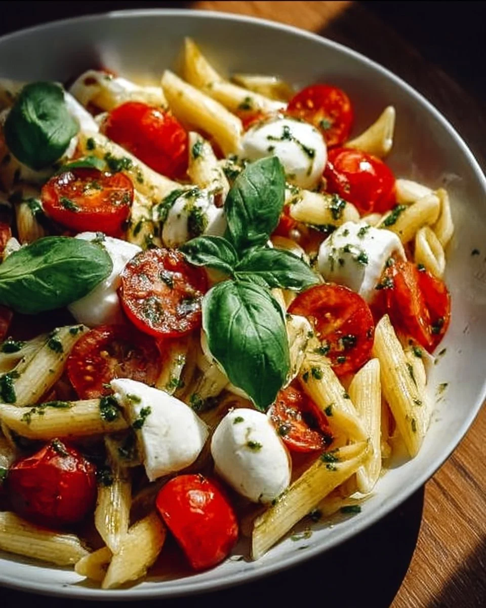 Italienischer Nudelsalat mit Mozzarella und Tomaten köstlich
