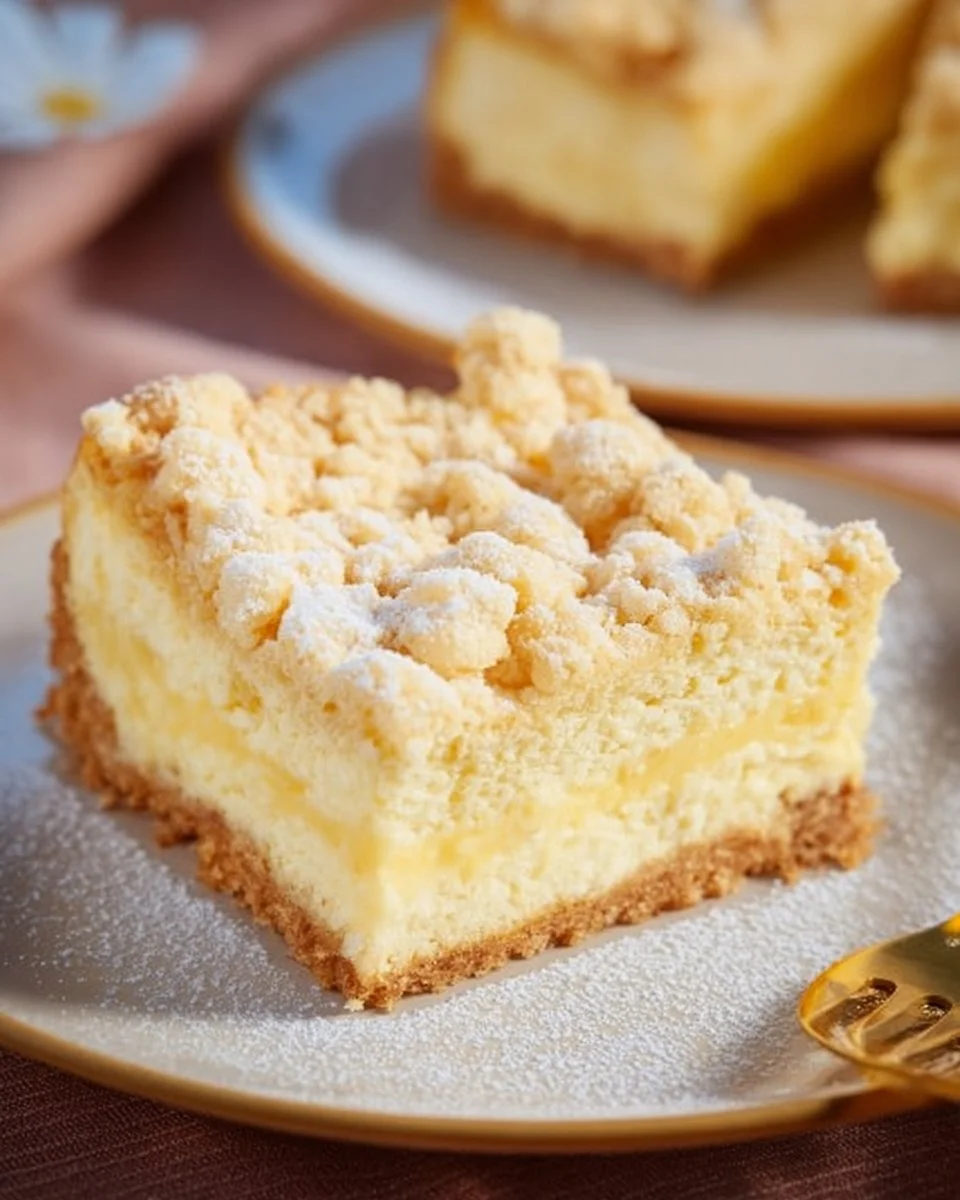 Käsekuchen mit Streusel auf einem Teller serviert, verziert mit frischen Früchten.