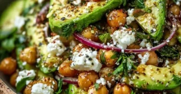 Gesundes Gericht mit Kichererbsen, Feta und Avocado auf einem Teller.