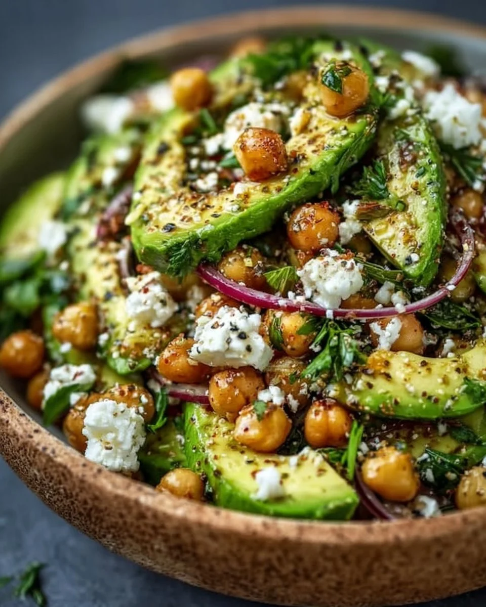 Gesundes Gericht mit Kichererbsen, Feta und Avocado auf einem Teller.