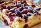 Sliced Kirsch Pudding Kuchen with cherries and creamy pudding topping