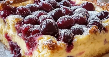 Sliced Kirsch Pudding Kuchen with cherries and creamy pudding topping