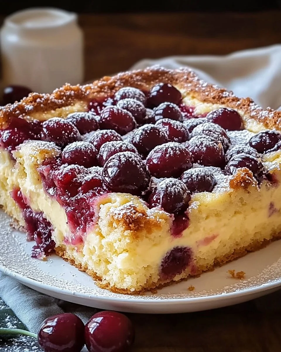 Sliced Kirsch Pudding Kuchen with cherries and creamy pudding topping