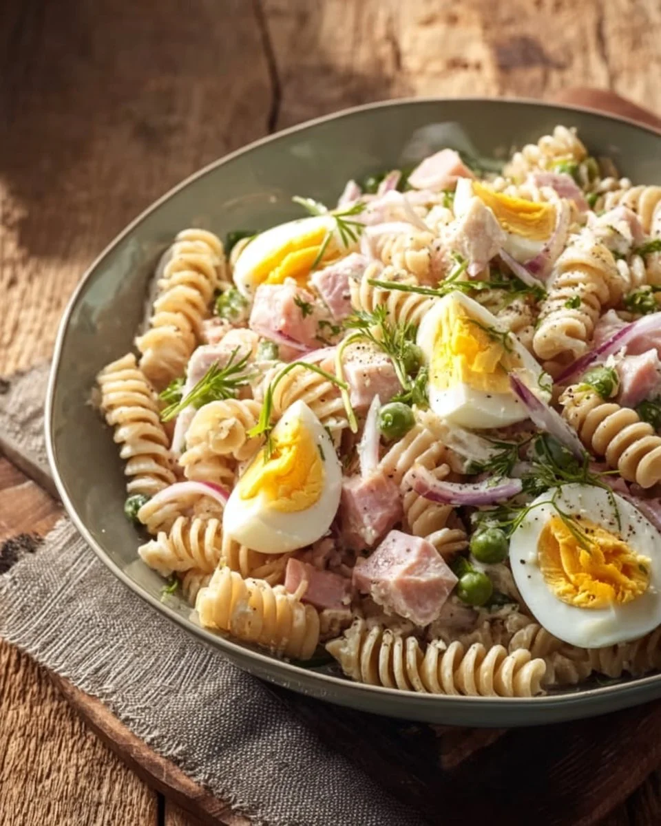 Klassischer Nudelsalat mit frischem Gemüse und Dressing