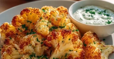 Knuspriger Blumenkohl mit Kräuterquark aus dem Airfryer auf einem Teller