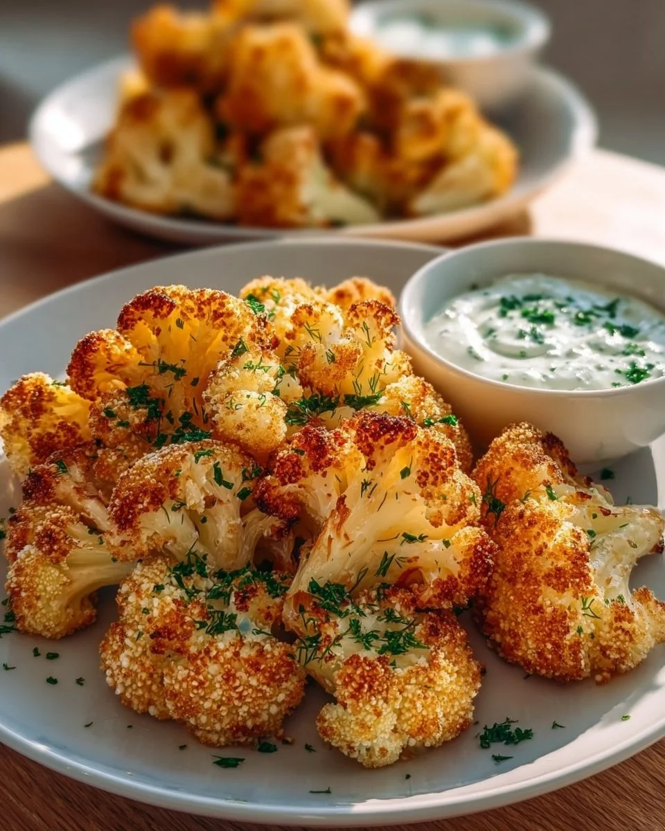 Knuspriger Blumenkohl mit Kräuterquark aus dem Airfryer auf einem Teller