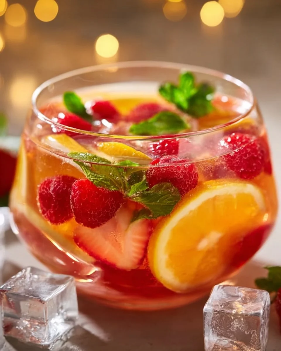 Schmackhafte alkoholische Bowle mit frischen Früchten und bunten Zutaten