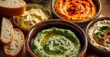 Hausgemachte Dips für Brot in verschiedenen Schalen auf einem Tisch