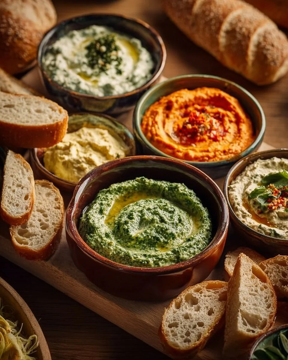 Hausgemachte Dips für Brot in verschiedenen Schalen auf einem Tisch