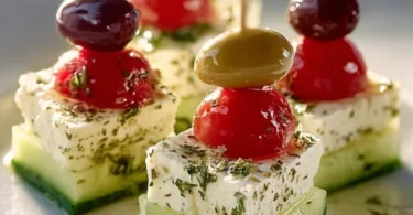 Leckere Feta Spieße mit Gurke auf einem Teller angerichtet