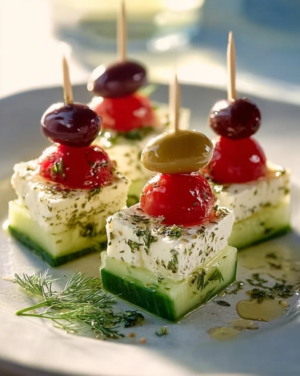 Leckere Feta Spieße mit Gurke auf einem Teller angerichtet