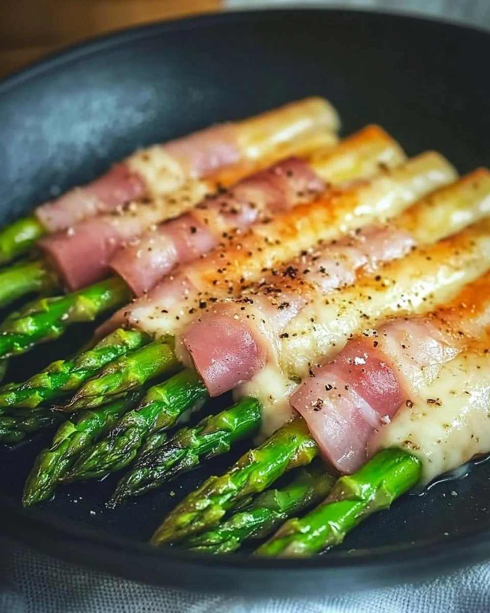 Spargel mit Kochschinken auf einem Teller serviert