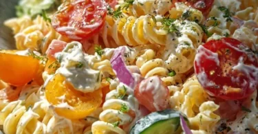 Leichter Nudelsalat mit Joghurt-Dressing auf einem Teller serviert