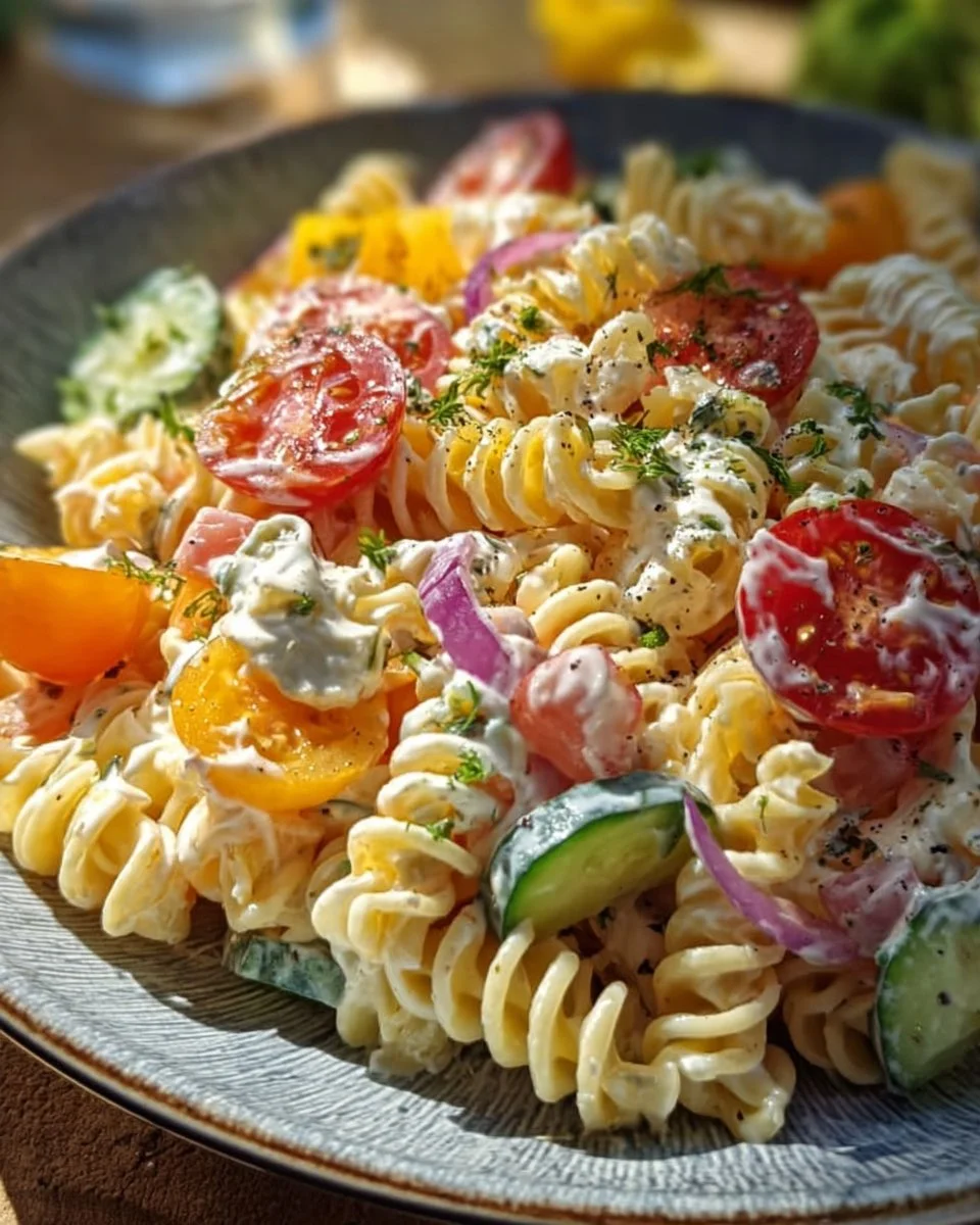 Leichter Nudelsalat mit Joghurt-Dressing auf einem Teller serviert