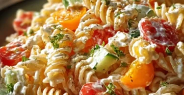 Leichter Nudelsalat mit Joghurt-Dressing auf einem Teller angerichtet