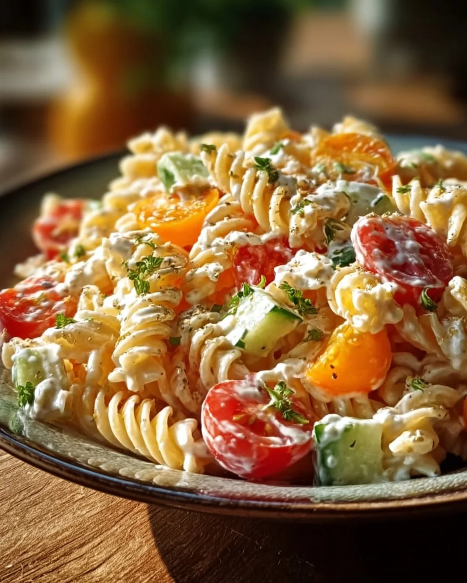 Leichter Nudelsalat mit Joghurt-Dressing auf einem Teller angerichtet