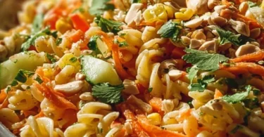 Erfrischender Limetten Crunch Nudelsalat mit Nudeln und knackigen Zutaten.