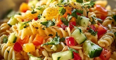 Limetten Crunch Nudelsalat serviert in einer bunten Schüssel mit frischem Gemüse
