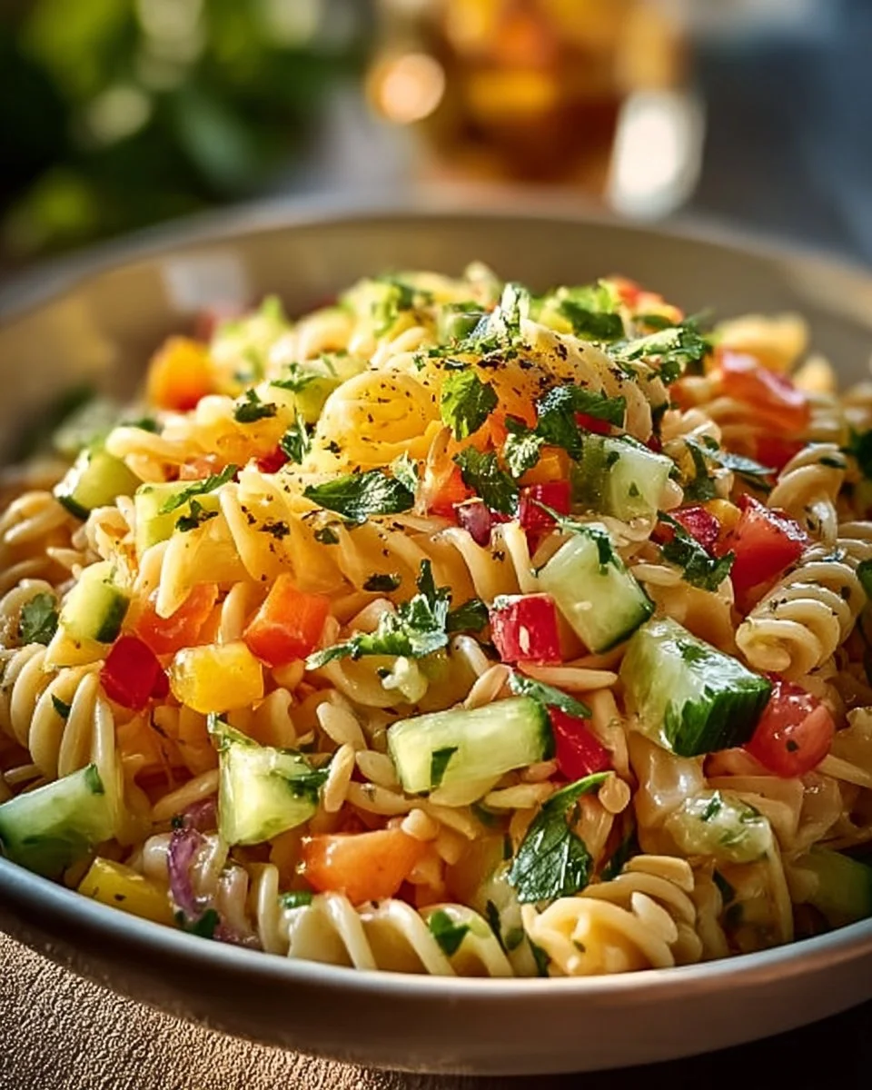 Limetten Crunch Nudelsalat serviert in einer bunten Schüssel mit frischem Gemüse