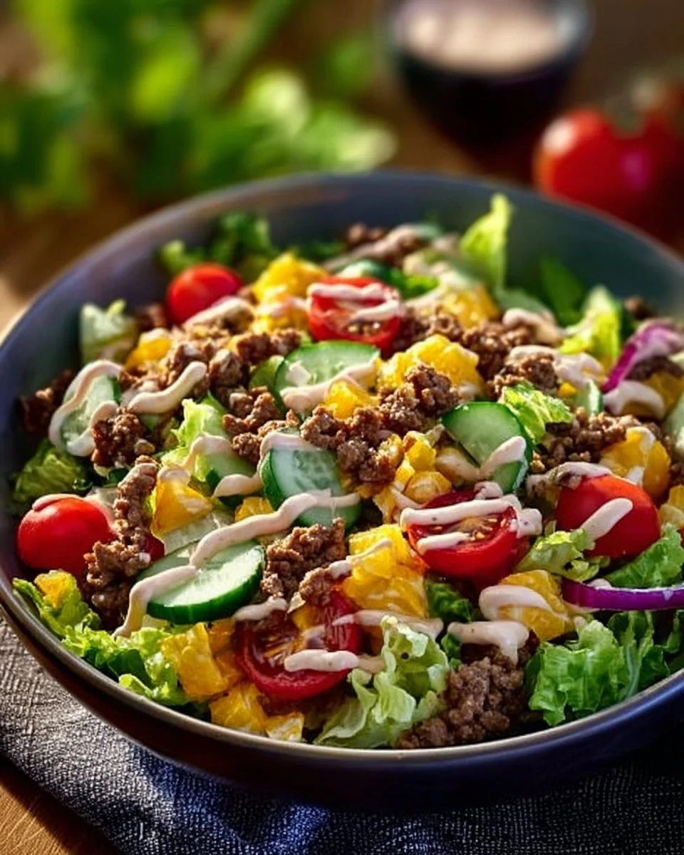 Leckerer Big Mac Salat in einer Schüssel mit frischen Zutaten