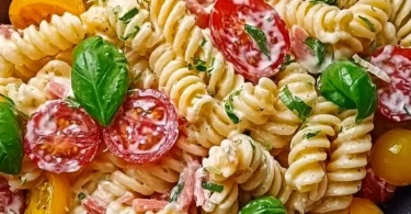 Köstlicher herzhaft-cremiger Pastasalat von Mahlwerk auf einem Teller serviert
