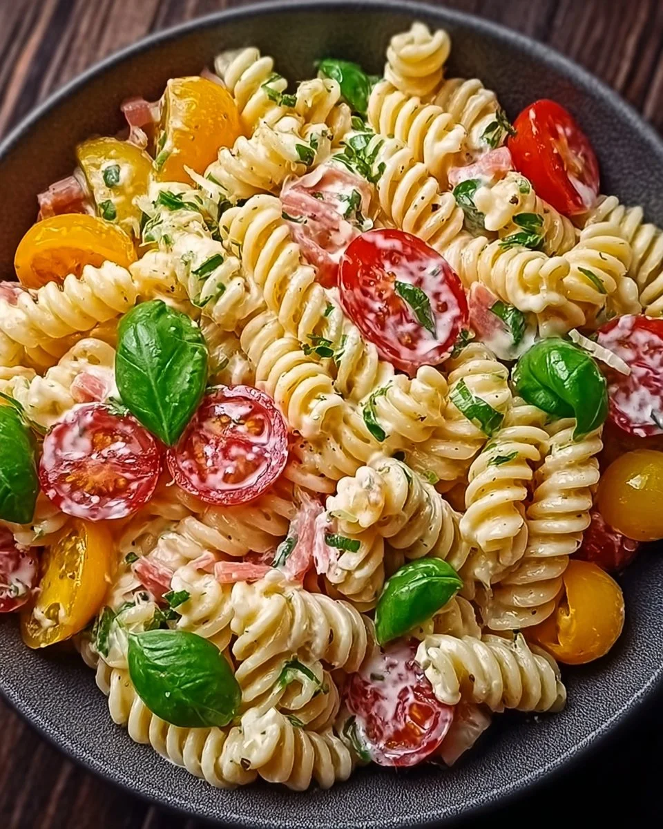 Köstlicher herzhaft-cremiger Pastasalat von Mahlwerk auf einem Teller serviert