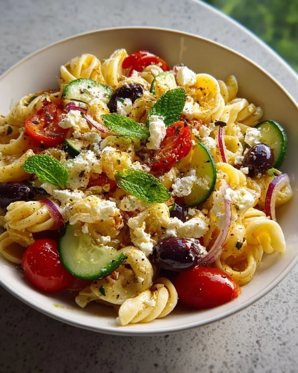 Mediterraner Nudelsalat im Stil von Tim Mälzer mit Oliven und Feta