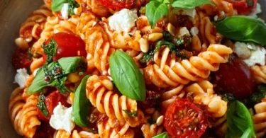 Mediterraner Nudelsalat im italienischen Stil auf einem Teller serviert